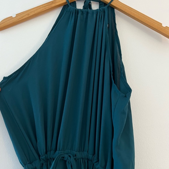 Teal Halter Floor Length Wedding Guest Dress w/ Leg Slit - Picture 3 of 5